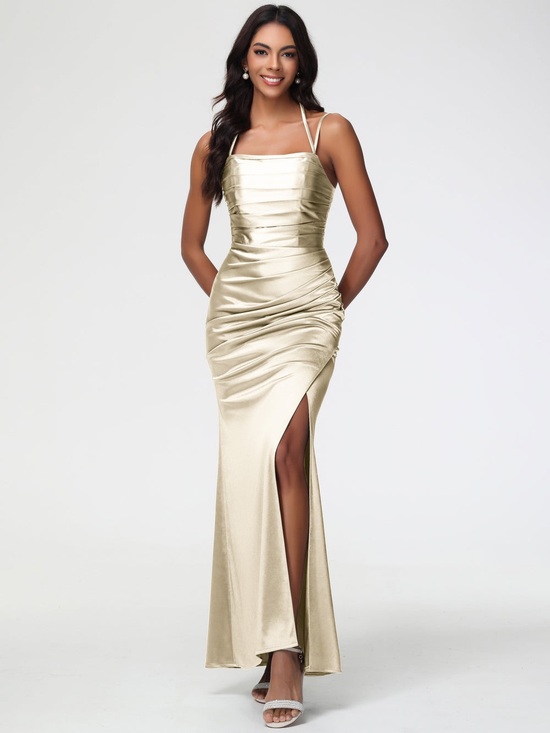 Heboes Dresses & Skirts - Hebeos Champagne Asymmetrical Lined High Slit Satin Sheen Dress NWT